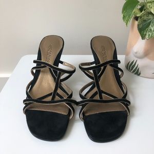 BLACK AND GOLD VINTAGE STRAPPY MULES